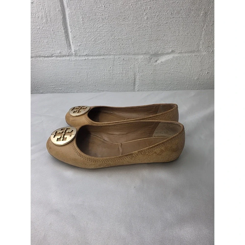 Tory Burch Women's Tan‎ Brown Pebbled Leather Medallion Logo Ballet Flats 8M
